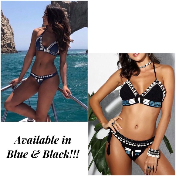 Boho Handmade Blue Shell Crochet Bikini with Beads - Picture 6 of 16